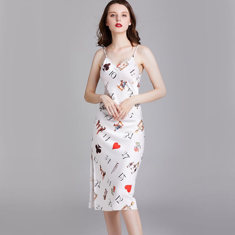 Poker Printed Satin Silk Pajama Slip Dress CQ1683 – DOUHUI LIFE