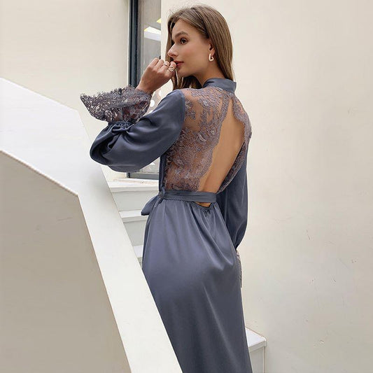 Women V-Neck Lace Satin Silk Slip Dress Pajama CQ311 – DOUHUI LIFE